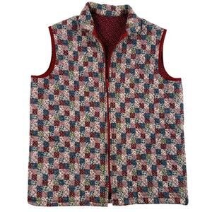 Vintage Handmade Quilted Cottage Grandma Red Quilt Vest W/ Pockets Size Small